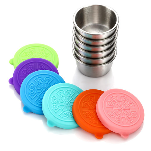 12 Piece 2.4oz Small Condiment Containers with Lids, Salad Dressing Container To Go, Stainless Steel Sauce Container with Silicone Lids, Leakproof, Reusable, Small Dipping Sauce Cups with Lids