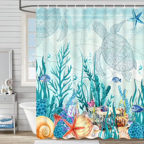 Ikfashoni Extra Long Sea Turtle Shower Curtain, Coastal Nautical Shower Curtain with 12 Hooks, Ocean Themed Beach Bathroom Curtain, Starfish Seashell Shower Curtains for Bathroom Decor, 72" x 78" Teal