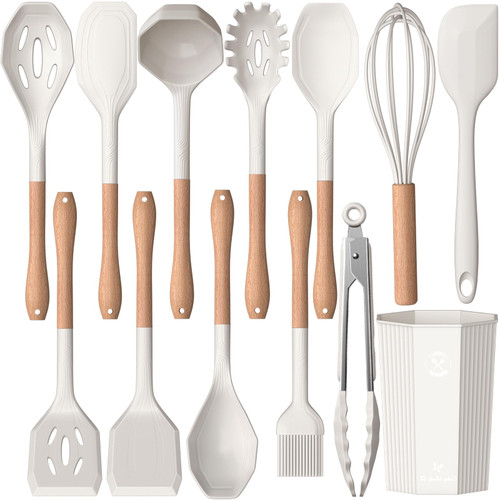 Kitchen Utensils Set- 13 Pcs Cooking Utensils with Tongs, Spoon Spatula &Turner Made of Heat Resistant Food Grade Silicone and Wooden Handles Kitchen Gadgets Tools Set for Nonstick Cookware (White)