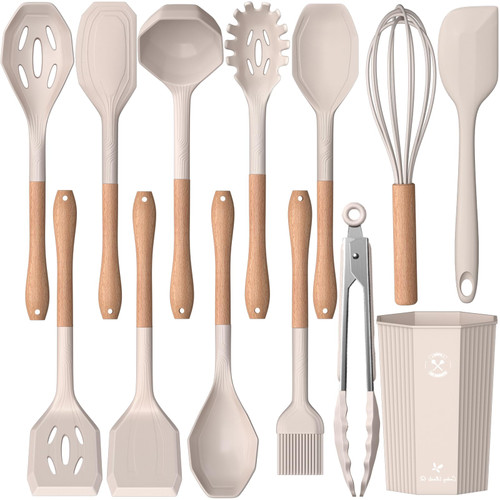 Kitchen Utensils Set- 13 Pcs Cooking Utensils with Tongs, Spoon Spatula &Turner Made of Heat Resistant Food Grade Silicone and Wooden Handles Kitchen Gadgets Tools Set for Nonstick Cookware (Khaki)