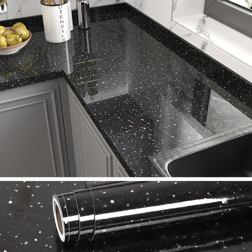 VEELIKE Black Galaxy Granite Contact Paper for Countertops Waterproof Peel and Stick Countertops for Kitchen Black Marble Wallpaper 15.7''x118'' Self Adhesive Counter Vinyl for Bathroom Table Walls