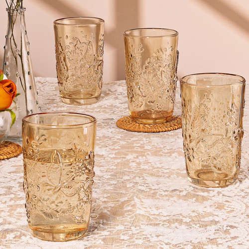 Set of 4 Amber Vintage Drinking Glassware- 12Oz Amber Butterfly& Flower Glass Drinking Cups, Heavyweight Farmhouse Drinking Glasses, Embossed Kitchen Glassware Set for Soda Lemonade Cocktail Wine