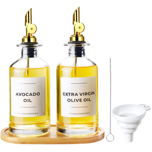Olive Oil Dispenser for Kitchen with Brush, Cooking Oil and Vinegar Dispenser Set of 2 with Bamboo Tray, 350ml Vegetable Oil Container with Spout,Coffee Syrup Dispenser Bottles for Coffee Bar,Glass