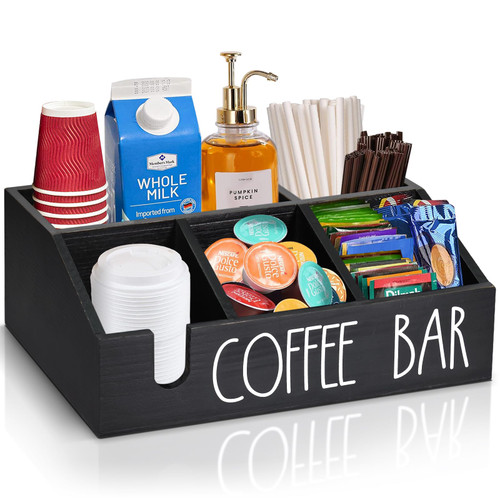 Coffee Station Organizer Wooden Coffee Bar Accessories and Organizer for Countertop, Coffee Pods Holder Storage Basket, Coffee and Tea Condiment Storage Organizer, Coffee Bar Decor Cup and Lid Holder