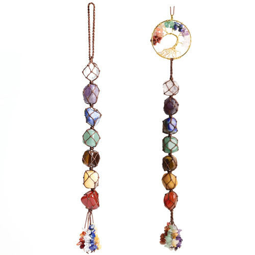Handmade Crystal Window Car Hanging Ornaments 7 Chakra Home Decoration Feng Shui Ornament Yoga Meditation Car Decoration Tumbled Palm Stones?Style1?