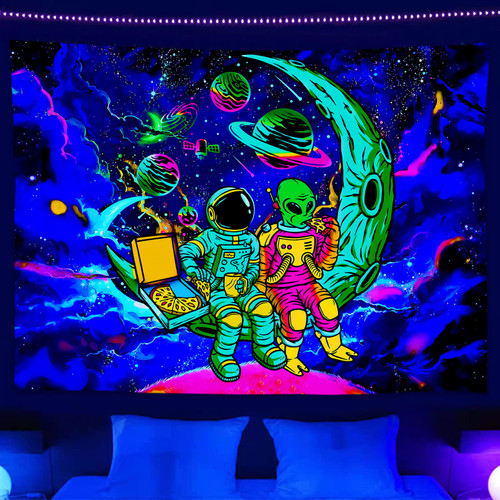 Funny Space Astronaut Alien Blacklight Tapestry UV Reactive Poster, Trippy Universe Black Light Decor for Men Guys Room Bedroom Cool Large Psychedelic Hippie Glow in the Dark Tapestries Wall Hanging