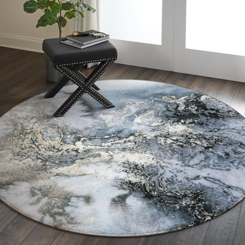 Lahome Marble Pattern Round Rugs - 4Ft Washable Non-Slip Small Round Area Rug Throw Soft Sofa Bedroom Rug Abstract Grey Print Distressed Round Carpet for Bathroom Entryway Kitchen Living Room