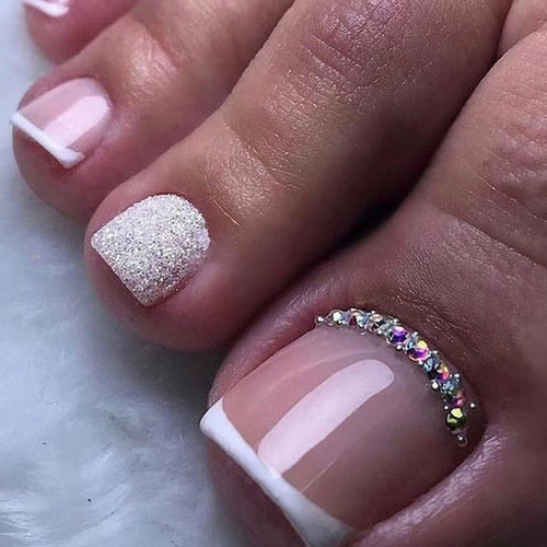 QINGGE Press on Toenails Pink Square Fake Toenails with Silver Glitter Rhinestones Design French Fake Nails Acrylic Toe Nails for Women Glossy Toe Nail Tips Glue on ToeNails 24pcs