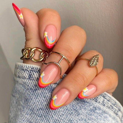 Short Almond Press on Nails with French Tip, GLAMERMAID Medium Oval Pride Day Nail Gel Fake Nails with Rainbow Flower Design, Nude Acrylic Short Stick Glue on Nails Kit for Women Reusable False Nail Tips Set Short Almond Press on Nails with French Tip, GLAMERMAID Medium Oval Pride Day Nail Gel Fake Nails with Rainbow Flower Design, Nude Acrylic Short Stick Glue on Nails Kit for Women Reusable False Nail Tips Set