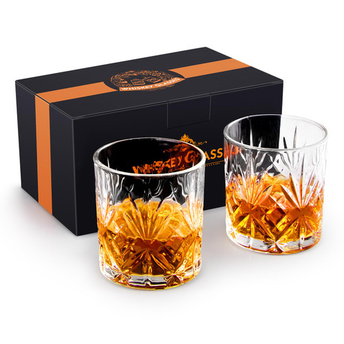 Rosoenvi Whiskey Glass Set of 2, Old Fashioned Glasses with Gift Box, 10oz Rocks Glasses Barware for Whiskey, Bourbon, Scotch and Liquor Drinks, Gift for Men