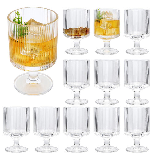 Ufrount Vintage Ribbed Wine Glasses Set of 12,Clear 8oz All Purpose Water Goblet,Origami Style Short Stemware 250ml Glass Beverage Goblets for Juice,Cocktail,Wine,Party