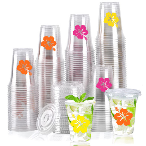 150 Pack Hawaii Plastic Cups with Lids 12 oz Clear Disposable Luau Cups Tropical Palm Leaves Drinking Cups Bulk for Summer Beach Hawaiian Luau Party Supplies Drinkware Decorations