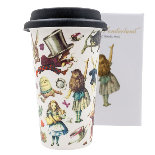 Tea Cups London Alice In Wonderland Travel Mug Double Walled With Silicone Lid 13 oz Tea Cups London Alice In Wonderland Travel Mug Double Walled With Silicone Lid 13 oz