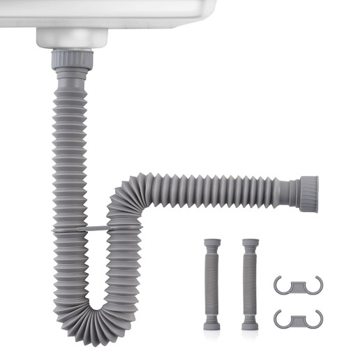 iFealClear 2 Pack Sink Drain Pipe, 1-1/2" P-Trap Pipe with 2 Rubber Sealing Rings, Expandable P Trap Tubing Pipe for Kitchen Sink & Garbage Disposal, 10.6"-34.5" Flexible Sink Drain Pipe