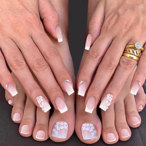 YOSOMK 48pcs Ombre Pink Press on Toenails Flower Short Acrylic Fake Toe Nail Tips Fingers Gradient French Press ons Glue on Toe Nails Nude Square Summer False ToeNails for Women