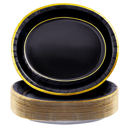 Tyzarglef 50 Count Black and Gold Oval Paper Plates, 10" x 12.5" Large Disposable Dinner Serving Platters Heavy Duty with Gold Rim for Birthday Thanksgiving Decorations