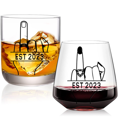 comfit Couples Gifts Wine&Whiskey Glass Set of 2, Bridal Shower Gift for Bride and Groom Glasses, Engagement Newlywed Anniversary Wedding Gifts for Couple, Mr and Mrs Gifts, Wifey & Hubby Gifts 2023