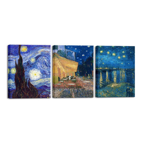 Wieco Art 3 Panels Canvas Prints of Vincent Van Gogh Paintings Reproduction Starry Night Over the Rhone Cafe Terrace at Night Canvas Wall Art for Living Room Home Office Decor Wieco Art 3 Panels Canvas Prints of Vincent Van Gogh Paintings Reproduction Starry Night Over the Rhone Cafe Terrace at Night Canvas Wall Art for Living Room Home Office Decor