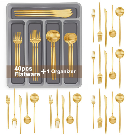 40-Piece Gold Silverware Set with Organizer, AIVIKI Flatware Set for 8, Stainless Steel Cutlery Set, Satin Finish Kitchen Utensils Tableware Set for Home Restaurant, Include Knife Fork Spoon Set
