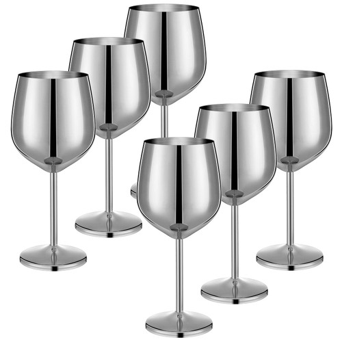 Set of 6 18 oz Stemmed Stainless Steel Wine Glass Unbreakable Wine Glasses Drinking Glasses Wine Goblet Metallic Goblets for Outdoor Events Party Beach Pool Travel Wedding Anniversary (Silver)