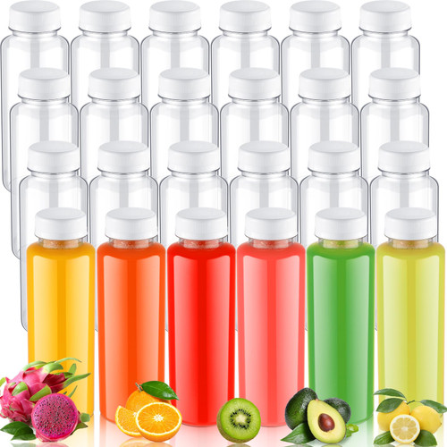 Thenshop 24 Pcs 12 oz Clear Plastic Juice Bottles with White Tamper Evident Lids Sensory Bottles Reusable Beverage Bottles Empty Drink Containers for Juicing Milk Smoothie Water Fridge Storage
