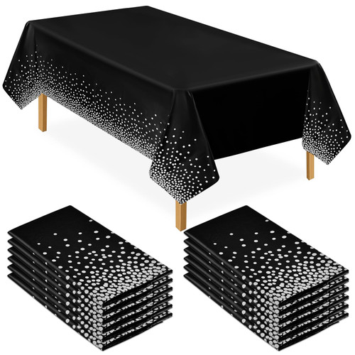 12 Packs Black Plastic Disposable Tablecloths 54" x 108" Rectangular Silver Dot Disposable Tablecloths for Rectangle Tables Dining Table Covers for Parties, Picnic, Wedding, Anniversary