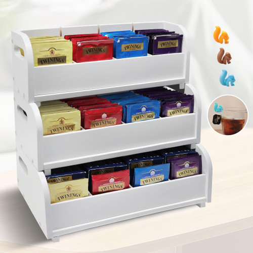 Tea Bag Storage Organizer Box - Bamboo Tea bags Holder 3-Tier Stackable Wall Mount Large Capacity Tea Caddy Containers for Pantry Countertop Kitchen Counter Cabinet Office (White) Tea Bag Storage Organizer Box - Bamboo Tea bags Holder 3-Tier Stackable Wall Mount Large Capacity Tea Caddy Containers for Pantry Countertop Kitchen Counter Cabinet Office (White)