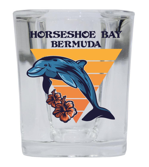 R and R Imports Horseshoe Bay Bermuda Beach Souvenir 2 oz Square Base Shot Glass Dolphin Design Single