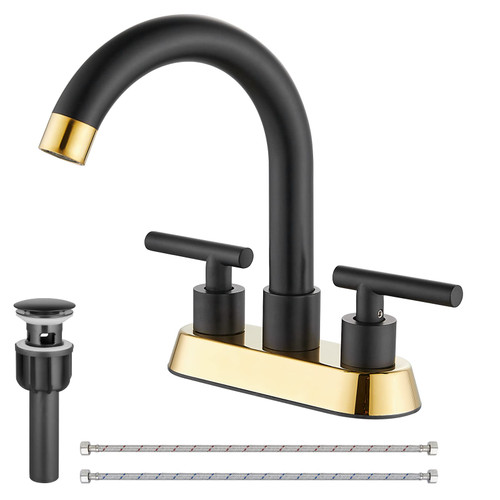 Cinwiny 4 Inch Centerset Bathroom Sink Faucet Black and Polished Gold Bathroom Faucet Deck Mount Stainless Steel Dual Handles Swivel Spout Lavatory Mixer Tap with Pop-up Drain Vanity Bathroom Faucets