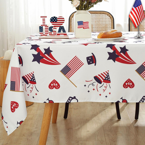 SASTYBALE 4th of July Tablecloth for Rectangle Tables, USA Patriotic Table Cloth Spill Proof, Blue and White Polyester Table Cover for Independence Day Memorial Day Decoration (Rectangle, 52" x 70")