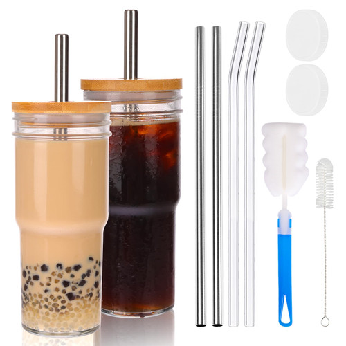Moretoes 2PCS 24oz Glass Cups with Lids and Straws, Glass Iced Coffee Cups Cute Travel Tumbler Cup, Drinking Glasses Set Reusable Boba Bottle for Jumbo Smoothie, Bubble Tea, Cold Brew, Soda, Juice