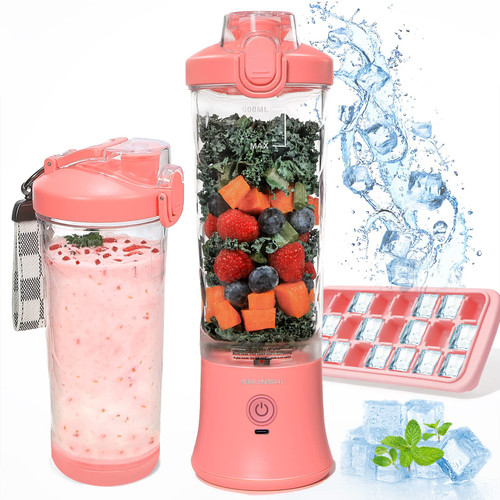 SHUNSHI Portable Blender 20 Oz, Personal Size Blender for Shakes and Smoothies with 6 Blades, Mini Small Smoothie Blender Bottles for Kitchen, Home, Travel (Pink+ice cube tray)