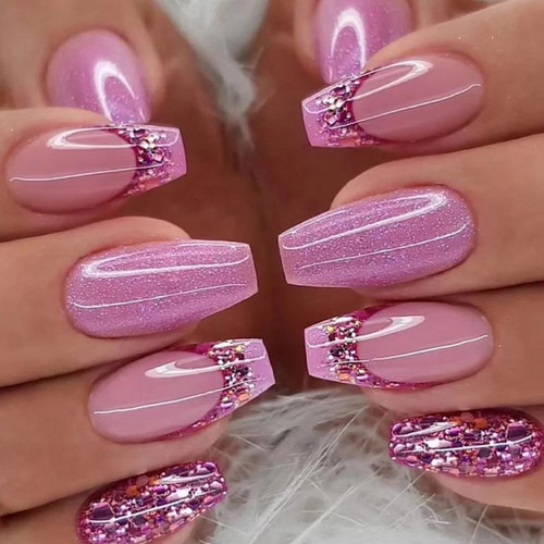 French Tip Press on Nails Medium Square Fake Nails Pink Glossy Acrylic Artificial Glue on Nails with Glitter Design Glue on Nails for Women Girls 24Pcs