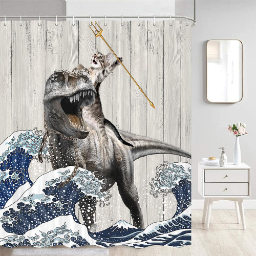 Cat Shower Curtain, Cool Cat Riding Dinosaur Fun Shower Curtain, Cute Cat Hilarious Shower Curtains for Kids Bathroom, Funny Shower Curtain Set with Hooks, 70X70 Inches