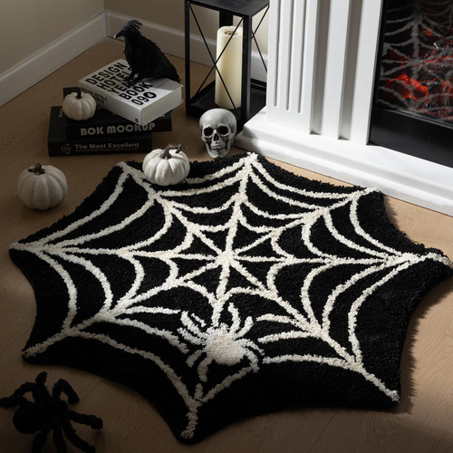 Ashler Black Round Spider Web Halloween Area Rugs, Bathroom Rug for Halloween Decor, Spooky Gothic Bath Mat Non-Slip Tufted Mats for Front Door Living Kids Room 3x3ft