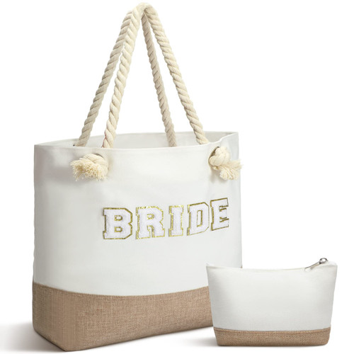 Sweetude Wedding Bride Bag Natural Jute Bride Tote Bag Bride Gift Bag with Handles Beach Bag with Zipper for Engagement, Honeymoon, Beach Bridesmaid Party Bridal Shower Newlyweds Present