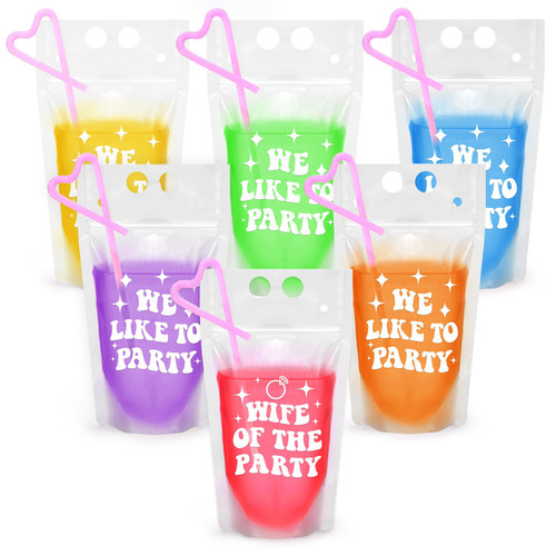 Nefelibata Bachelorette Party Drink Pouches 16 PCS Wife of the Party We Like to Party 15 Oz Drink Pouches with Straws Bride and Bridesmaid Party Cups for Adults Wedding Gifts