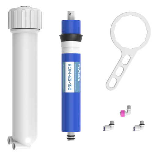 MewMore 150 GPD RO Membrane filter with Housing, Replacement Reverse Osmosis Membrane Fit Home Under Sink RO Drinking Water Filter Purifier Filtration System with Wrench, 1/4" Fitting, Check Valve