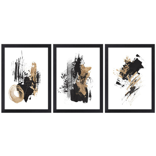 QTESPEII 3Pcs Framed Wall Art Black and Gold Ink Strokes Abstract Pattern Canvas Prints Paintings Minimalist Art Pictures Wall Decor for Living Room Bedroom Home Office Decoration Gifts - 12x16 inch