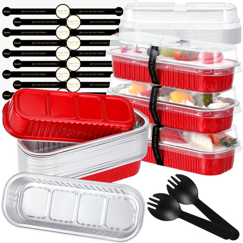 GrennMauler Mini Loaf Pans with Lids and Spoons (30 Pack, Red, 6.8oz) Rectangle Aluminum Foil Baking Pans Tins Containers - Disposable Baking Containers Muffin Baking Tins Mini Cake Pans