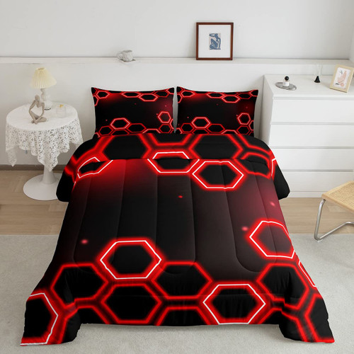 Kids Hexagonal Comforter Set Twin Size Honeycomb Bedding Set for Boys Girls Teens Decor Red Geometrical Comforter Women Men Beehive Modern Duvet Set with 1 Pillow Case Boys