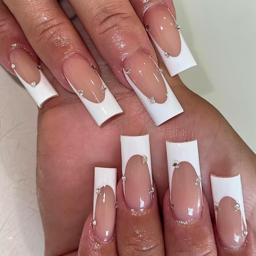 FOAMEE French Tip Press on Nails Long Square Fake Nails with Rhinestones Designs Acrylic Glossy False Nails for Women
