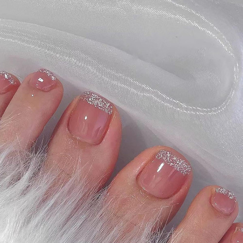 Square Press on Toenails Pink Fake Toenails with Glitter Design French Tip Fake Nails Acrylic Summer Toe Nails for Women Artificial Glossy Toe Nail 24Pcs