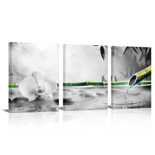Artsbay Zen Canvas Wall Art for Bathroom Decor Black and White Stone & Green Bamboo With Jasmine Flower Pictures Still Life Modern Artwork for Bedroom Spa Room Wall Decoration 12Wx16Hx3 Artsbay Zen Canvas Wall Art for Bathroom Decor Black and White Stone & Green Bamboo With Jasmine Flower Pictures Still Life Modern Artwork for Bedroom Spa Room Wall Decoration 12Wx16Hx3