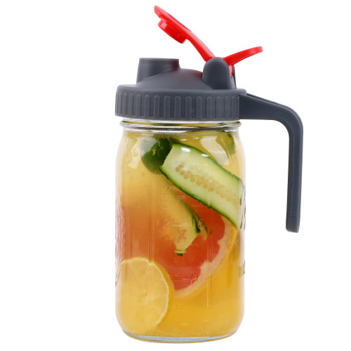 Mason Jar Pitcher With Pour Spout Lid 32 OZ Wide Mouth Glass Pitcher With Handle 1 Quart Airtight Glass Carafe With Flip Cap For Cold Brew Coffee, Sun Tea, Iced Tea, Milk, Lemonade And Mint Water