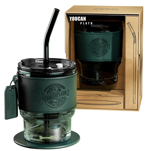 14 oz Glass Tumbler with Straw and Lid,Coffee Cup,Glass Cups,Coffee Mug,Iced Coffee Cups with Lids,Tea Cup,Juice Glasses,Water Glasses,Smoothie Cups,Vintage Drinking Glasses with Sleeve and Coaster