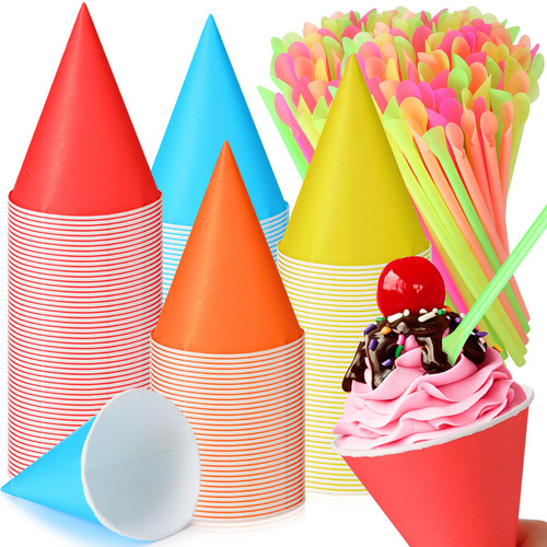 Eaasty 200 Pcs Snow Cone Cups and Straws Cone Cups 4.5 oz Spoon Straws Disposable Cone Paper Cups Straw Spoon for Slush Shaved Ice Cream Sorbet Water (Colorful)