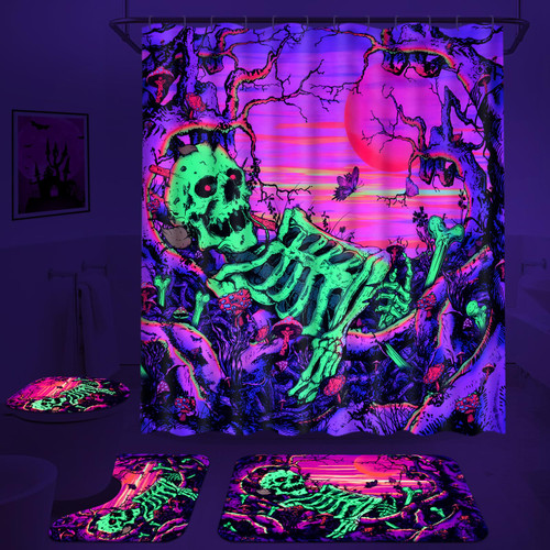 Ikfashoni 4Pcs Halloween Skull Shower Curtain Sets with Rugs, Blacklight Skeleton Bathroom Shower Curtain Sets with 12 Hooks, Horror Skull Mushroom Bathroom Sets with Shower Curtain and Rugs Ikfashoni 4Pcs Halloween Skull Shower Curtain Sets with Rugs, Blacklight Skeleton Bathroom Shower Curtain Sets with 12 Hooks, Horror Skull Mushroom Bathroom Sets with Shower Curtain and Rugs