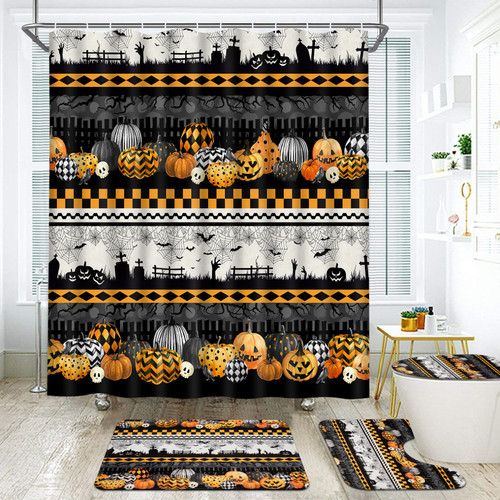 Ikfashoni 4Pcs Halloween Shower Curtain Sets with Rugs, Scary Pumpkin Skull Bathroom Shower Curtain Sets with 12 Hooks, Horror Cobweb Graveyard Shower Curtains for Halloween Bathroom Decor Ikfashoni 4Pcs Halloween Shower Curtain Sets with Rugs, Scary Pumpkin Skull Bathroom Shower Curtain Sets with 12 Hooks, Horror Cobweb Graveyard Shower Curtains for Halloween Bathroom Decor