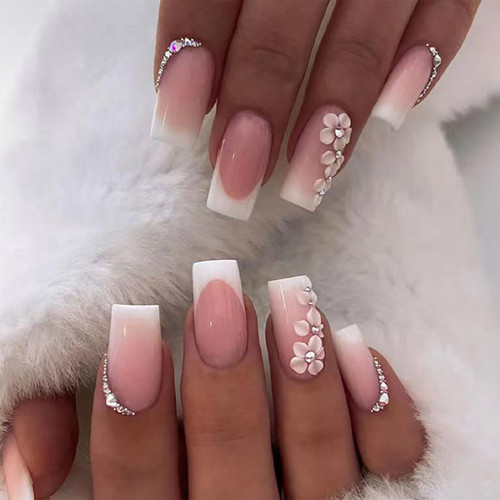 24Pcs Press on Nails Medium French Tip Fake Nails Square Glue on Nails Glossy Full Cover False Nails with Flower&Rhinestones Designs Medium Acrylic Stick on Nails for Women Decorations
